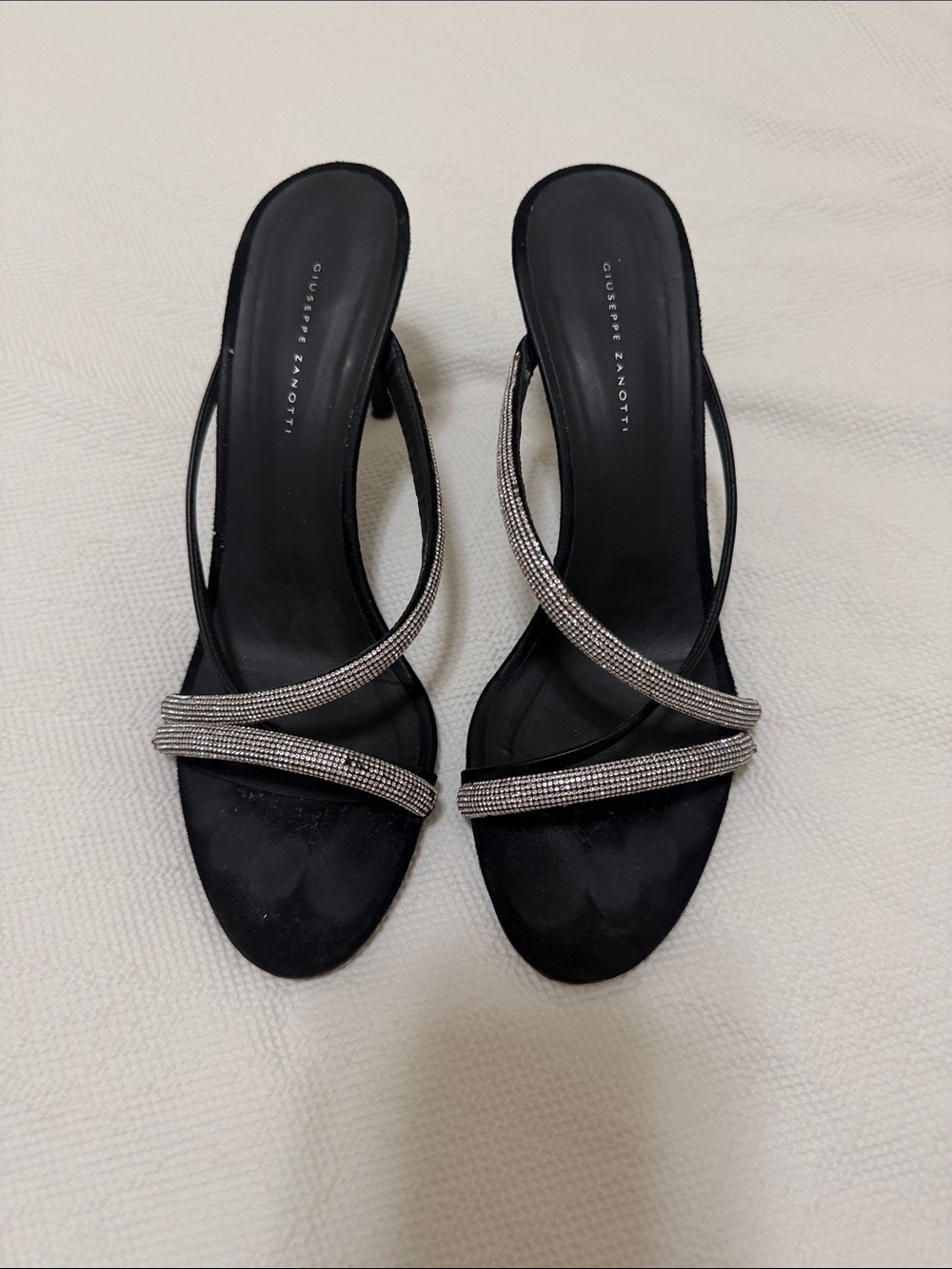 Giuseppe Zanotti Black Satin Slide Mules with Crystal Straps